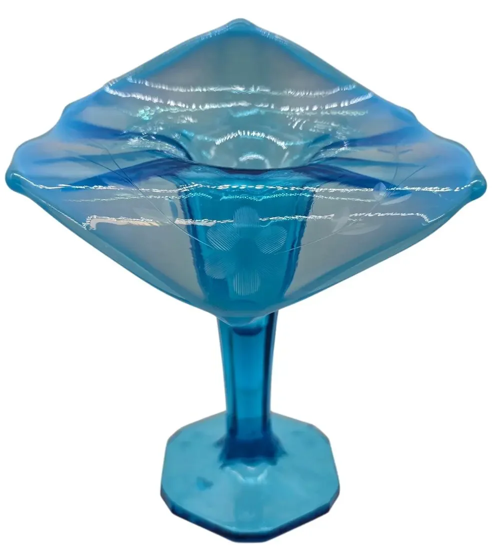 DUGAN GLASS BLUE OPAL WHEEL CUT JIP VASE FLORAL WITH LEAF CUTTING